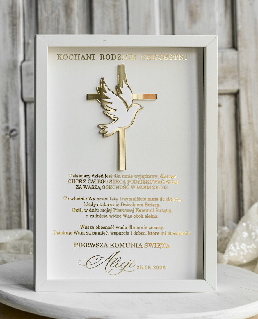 Pamiątki Prezenty na komunię  podziękowania dla najbliższych  podziękowanie dla rodziców Chrzestnych na Komunię, Komunijne podziękowania dla Matki i Ojca Chrzestnego w białej ramie 3