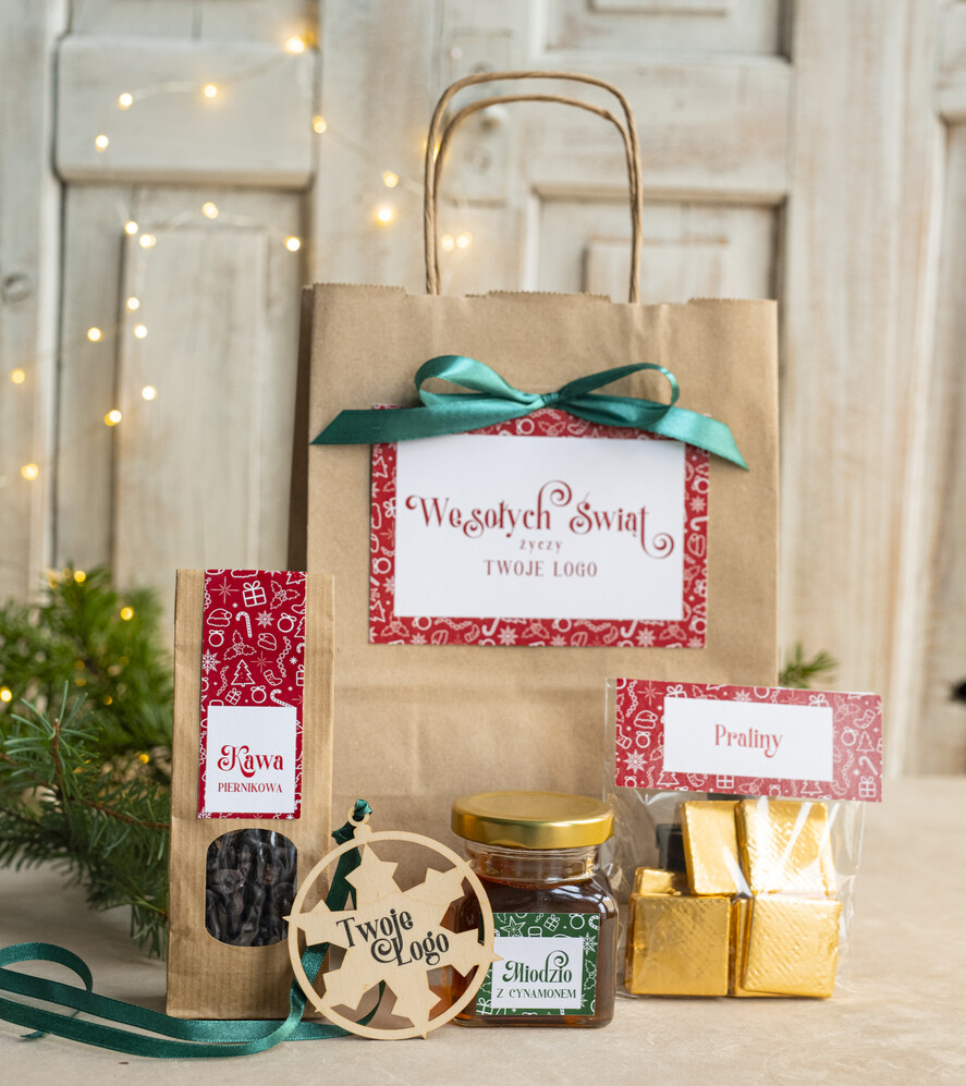 Prezenty oferta dla Firm mini zestawy  upominki świąteczne dla klientów z logo firmy Małe boxy prezentowe zestawy z kawą i herbatą miody 1