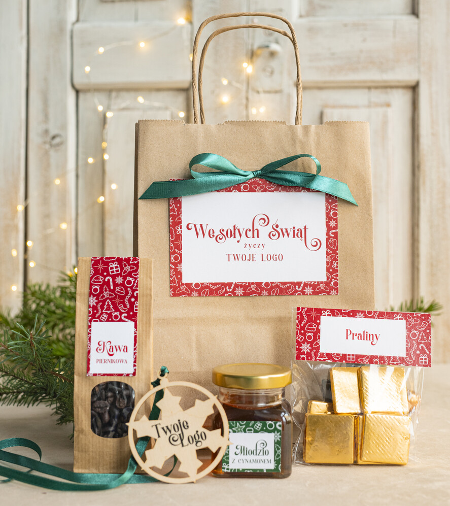 Prezenty oferta dla Firm mini zestawy  upominki świąteczne dla klientów z logo firmy Małe boxy prezentowe zestawy z kawą i herbatą miody 0