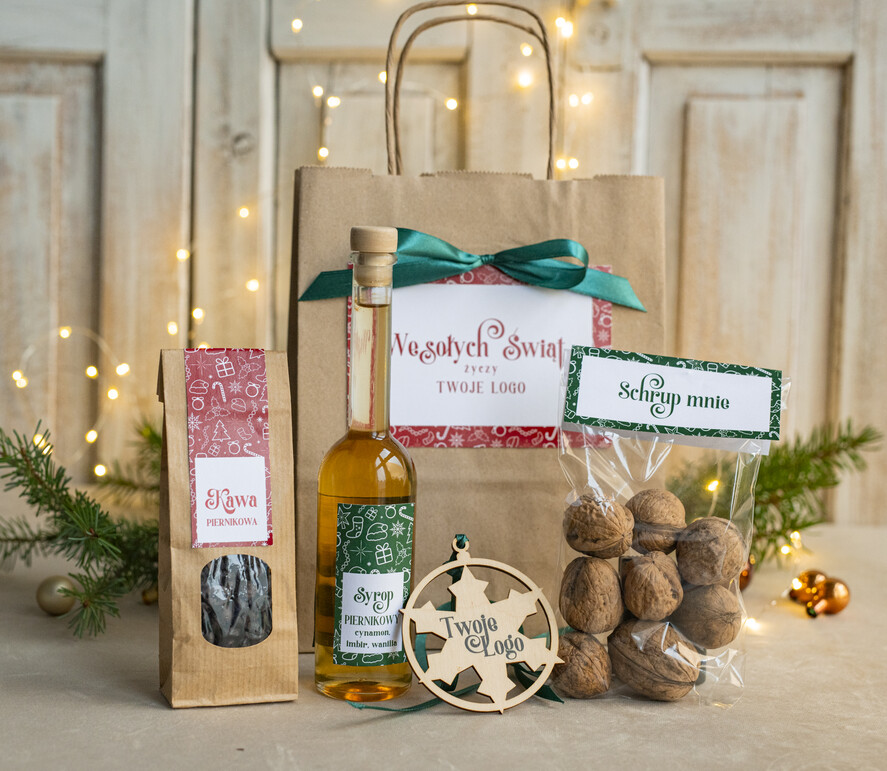 Prezenty oferta dla Firm mini zestawy  upominki świąteczne dla klientów z logo firmy Małe boxy prezentowe zestawy z kawą i herbatą miody 2