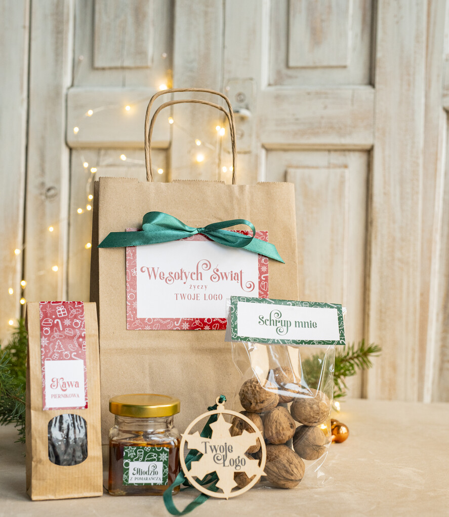 Prezenty oferta dla Firm mini zestawy  upominki świąteczne dla klientów z logo firmy Małe boxy prezentowe zestawy z kawą i herbatą miody 0