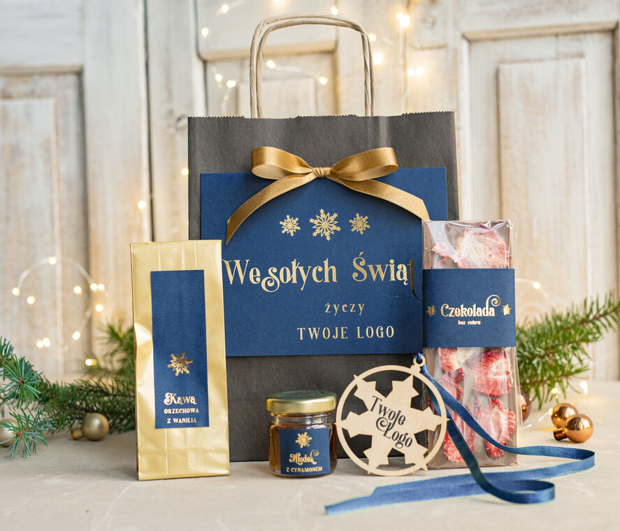 Prezenty oferta dla Firm mini zestawy  upominki świąteczne dla klientów z logo firmy Małe boxy prezentowe zestawy z kawą i herbatą miody 1