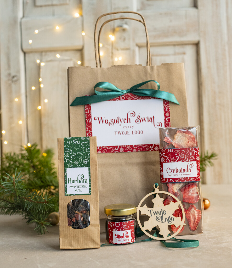 Prezenty oferta dla Firm mini zestawy  upominki świąteczne dla klientów z logo firmy Małe boxy prezentowe zestawy z kawą i herbatą miody 1