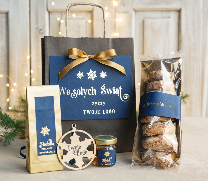 Prezenty oferta dla Firm mini zestawy  upominki świąteczne dla klientów z logo firmy Małe boxy prezentowe zestawy z kawą i herbatą miody 2