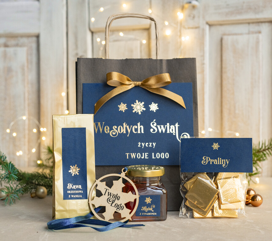 Prezenty oferta dla Firm mini zestawy  upominki świąteczne dla klientów z logo firmy Małe boxy prezentowe zestawy z kawą i herbatą miody 1