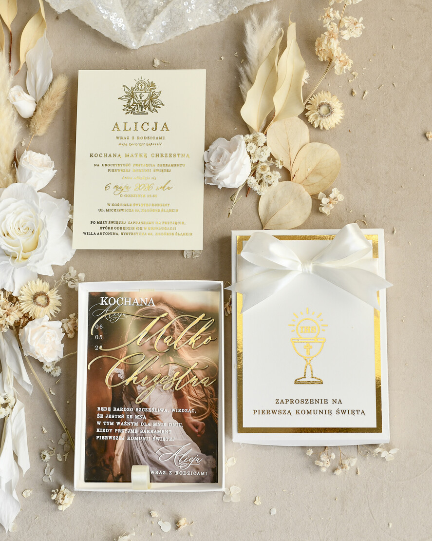 Zaproszenia na Komunię  Dla Chrzestnych i Dziadków klasyczne Złote Zaproszenia na Komunię w Pudełku ze zdjęciem Zaproszenie Komunijne dla Matki Chrzestnej i Ojca Chrzestnego lub dla Babci i Dziadka9