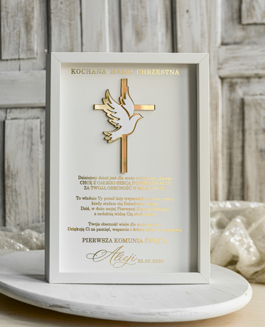 podziękowania dla najbliższych  Podziękowania w Ramie podziękowanie dla Matki Chrzestnej na Komunię, Komunijne podziękowania dla Matki i Ojca Chrzestnego w białej ramie 1