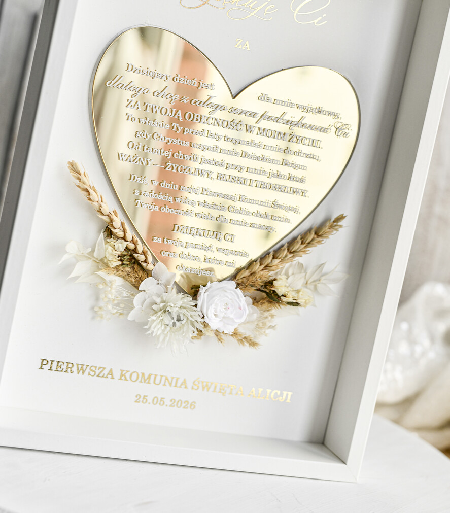 podziękowania dla najbliższych  Podziękowania w Ramie Komunijne podziękowanie dla Matki i Ojca Chrzestnego Rama i kwiaty , Flowerbox Serce podziękowania dla chrzestnych na Komunię3