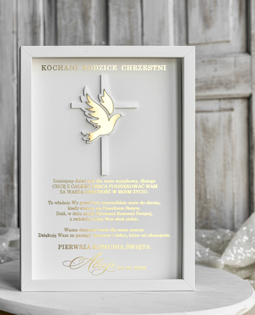 podziękowania dla najbliższych  Podziękowania w Ramie podziękowanie dla rodziców Chrzestnych na Komunię, Komunijne podziękowania dla Matki i Ojca Chrzestnego w białej ramie 2