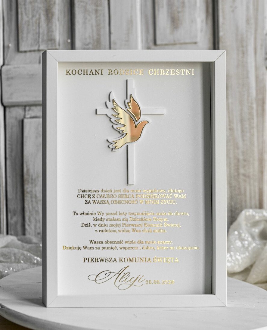 podziękowania dla najbliższych  Podziękowania w Ramie podziękowanie dla rodziców Chrzestnych na Komunię, Komunijne podziękowania dla Matki i Ojca Chrzestnego w białej ramie 0