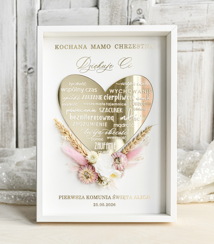 podziękowania dla najbliższych  Podziękowania w Ramie podziękowanie dla Matki Chrzestnej na Komunię, Komunijne podziękowania dla Matki i Ojca Chrzestnego Rama i kwiaty , Flowerbox Serce 0