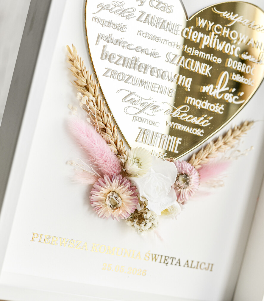 podziękowania dla najbliższych  Podziękowania w Ramie podziękowanie dla Matki Chrzestnej na Komunię, Komunijne podziękowania dla Matki i Ojca Chrzestnego Rama i kwiaty , Flowerbox Serce 3