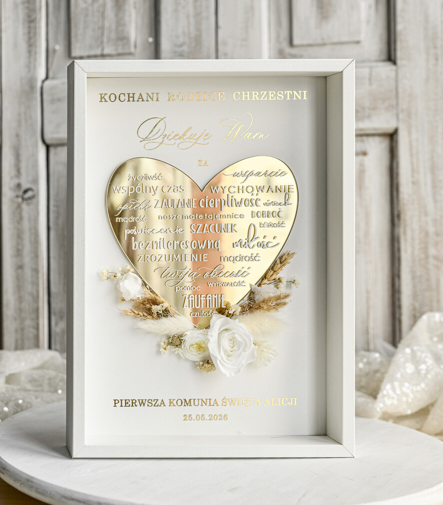 podziękowania dla najbliższych  Podziękowania w Ramie podziękowanie dla Matki Chrzestnej na Komunię, Komunijne podziękowania dla Matki i Ojca Chrzestnego Rama i kwiaty , Flowerbox Serce 0