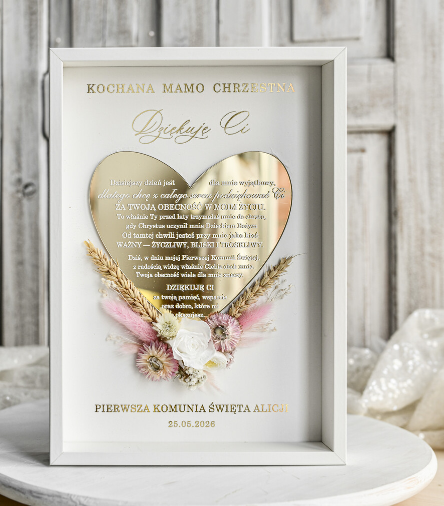 podziękowania dla najbliższych  Podziękowania w Ramie podziękowanie dla Matki Chrzestnej na Komunię, Komunijne podziękowania dla Matki i Ojca Chrzestnego Rama i kwiaty , Flowerbox Serce 4