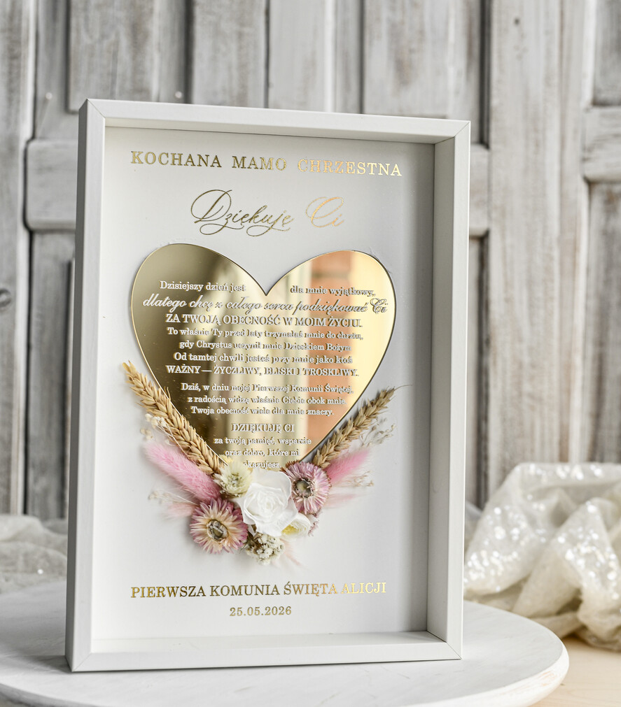 podziękowania dla najbliższych  Podziękowania w Ramie podziękowanie dla Matki Chrzestnej na Komunię, Komunijne podziękowania dla Matki i Ojca Chrzestnego Rama i kwiaty , Flowerbox Serce 5