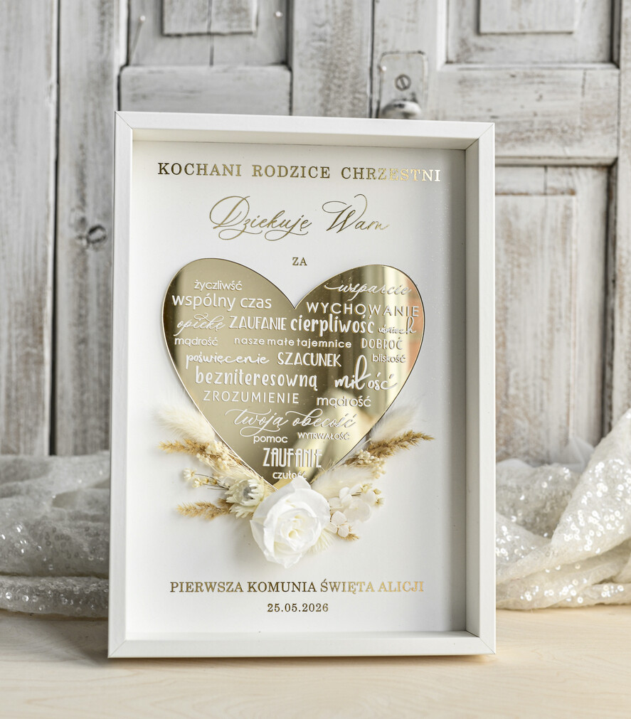 podziękowania dla najbliższych  Podziękowania w Ramie podziękowanie dla Rodziców Chrzestnych Komunia, Komunijne podziękowania dla Matki i Ojca Chrzestnego Rama i kwiaty , Flowerbox Serce 2