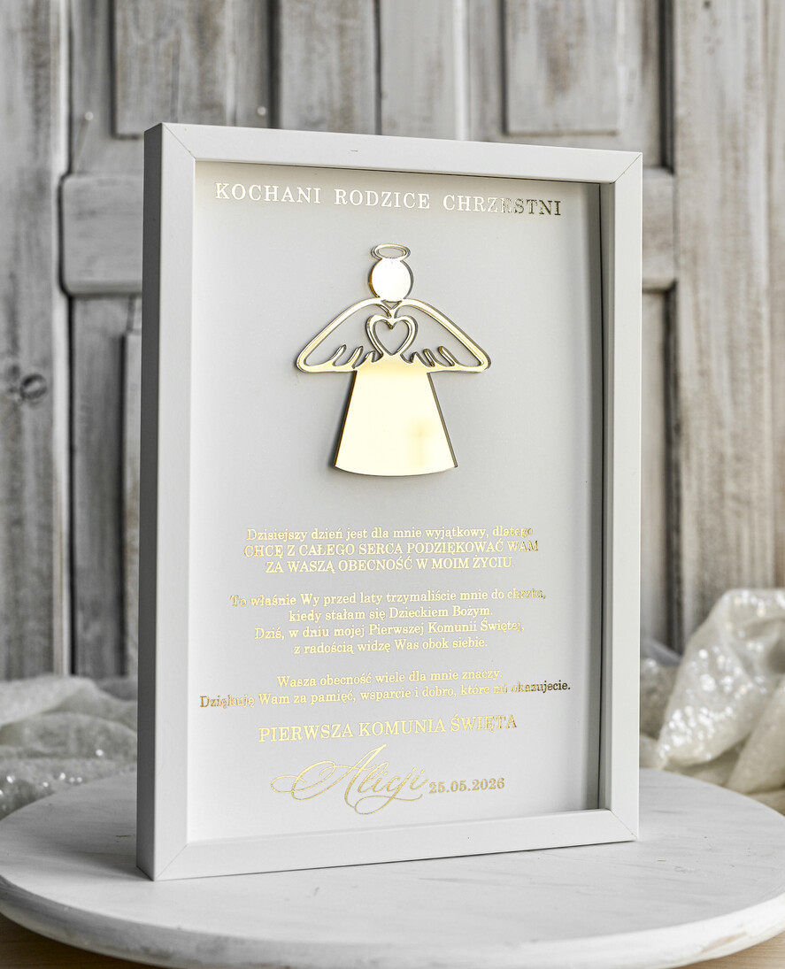podziękowania dla najbliższych  Podziękowania w Ramie podziękowanie dla rodziców Chrzestnych na Komunię, Komunijne podziękowania dla Matki i Ojca Chrzestnego w białej ramie 1