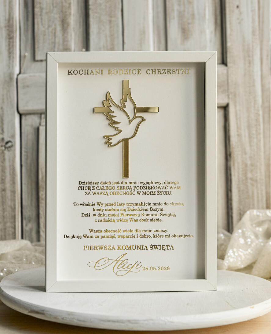 podziękowania dla najbliższych  Podziękowania w Ramie podziękowanie dla rodziców Chrzestnych na Komunię, Komunijne podziękowania dla Matki i Ojca Chrzestnego w białej ramie 2