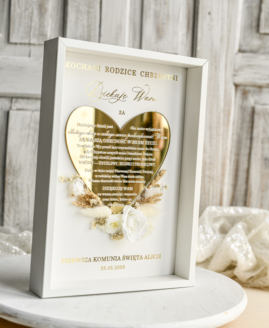 podziękowania dla najbliższych  Podziękowania w Ramie podziękowanie dla Rodziców Chrzestnych Komunia, Komunijne podziękowania dla Matki i Ojca Chrzestnego Rama i kwiaty , Flowerbox Serce 2