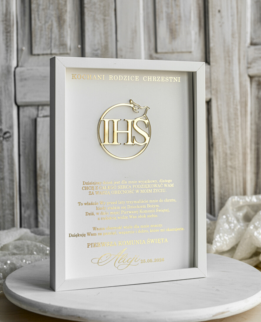 podziękowania dla najbliższych  Podziękowania w Ramie podziękowanie dla rodziców Chrzestnych na Komunię, Komunijne podziękowania dla Matki i Ojca Chrzestnego w białej ramie 2
