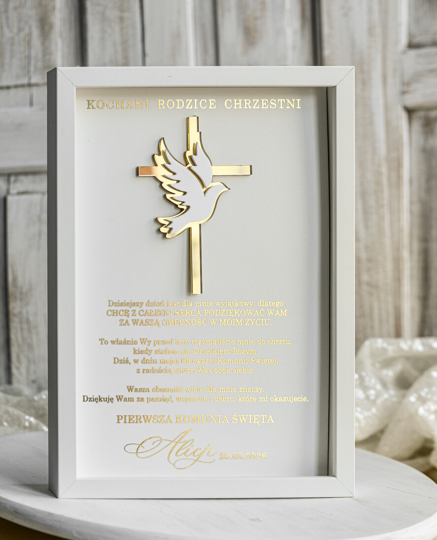 podziękowania dla najbliższych  Podziękowania w Ramie podziękowanie dla rodziców Chrzestnych na Komunię, Komunijne podziękowania dla Matki i Ojca Chrzestnego w białej ramie 2