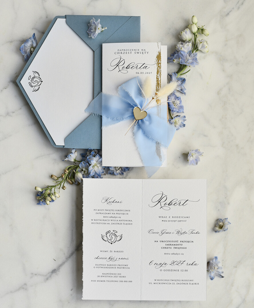 ZAPROSZENIA NA CHRZCINY dla chłopca zaproszenie na Chrzest Niebieskie Klasyczne zaproszenie na chrzciny Rwane złocone zaproszenie na roczek3