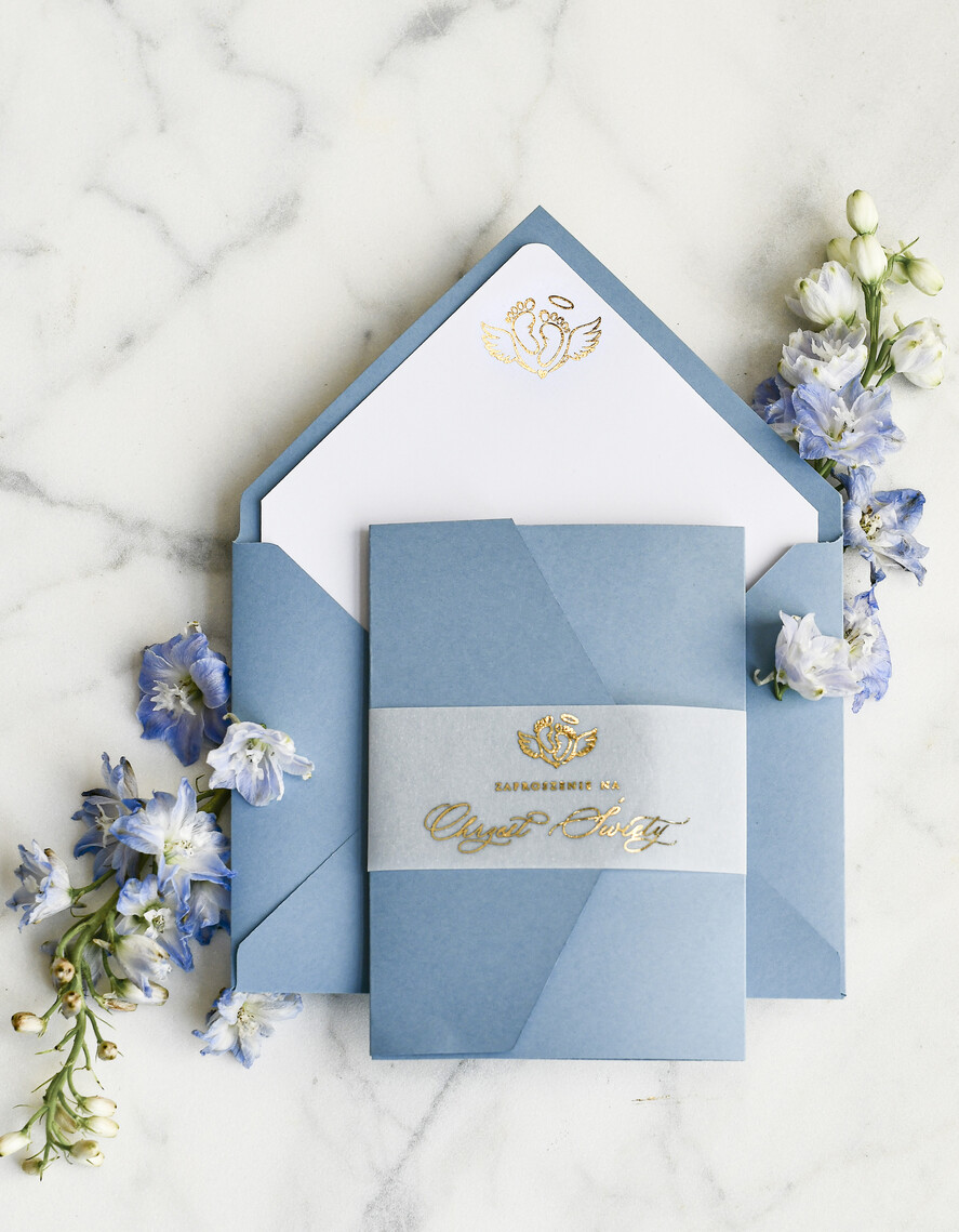 ZAPROSZENIA NA CHRZCINY dla chłopca Boho Złocone Zaproszenie na Chrzest w folderze, Eleganckie Zaproszenia na Chrzciny ze Zdjęciem 1