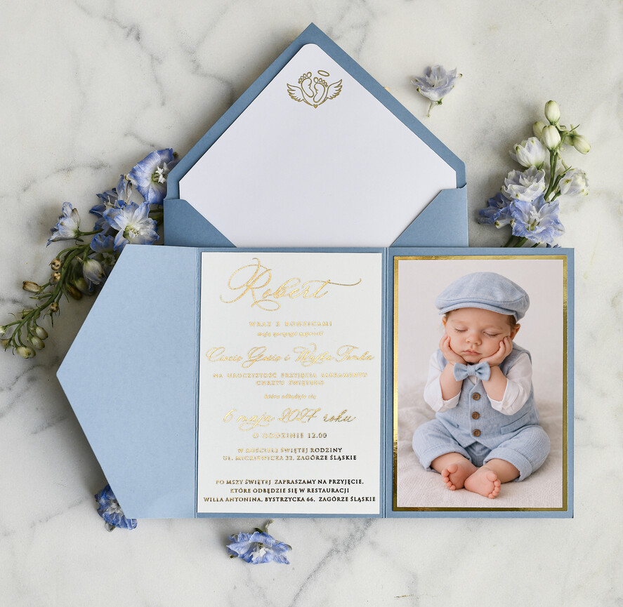 ZAPROSZENIA NA CHRZCINY dla chłopca Boho Złocone Zaproszenie na Chrzest w folderze, Eleganckie Zaproszenia na Chrzciny ze Zdjęciem 2