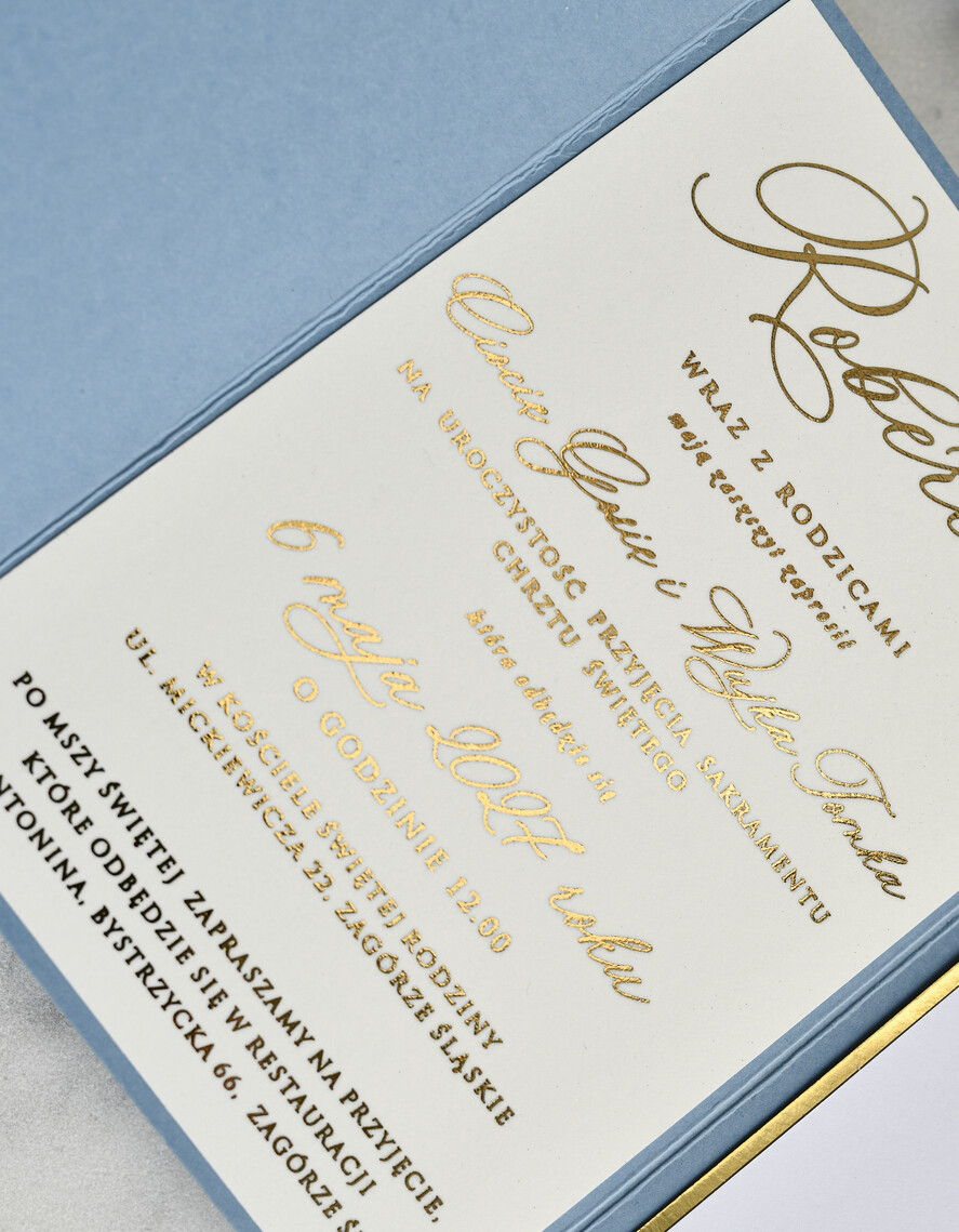 ZAPROSZENIA NA CHRZCINY dla chłopca Boho Złocone Zaproszenie na Chrzest w folderze, Eleganckie Zaproszenia na Chrzciny ze Zdjęciem 3