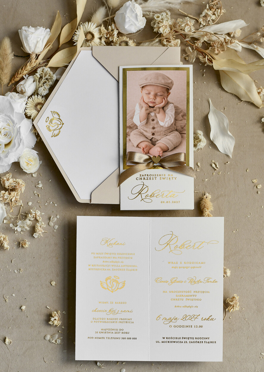 ZAPROSZENIA NA CHRZCINY dla chłopca Złocone zaproszenie na Chrzest, Złote Eleganckie zaproszenie na chrzciny  presonalizowane1