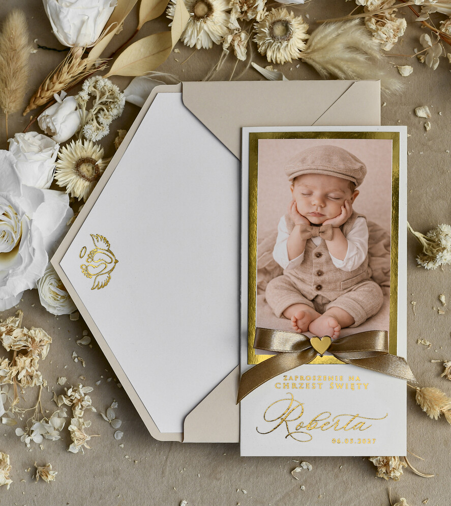 ZAPROSZENIA NA CHRZCINY dla chłopca Złocone zaproszenie na Chrzest, Złote Eleganckie zaproszenie na chrzciny ze zdjęciem dziecka 0