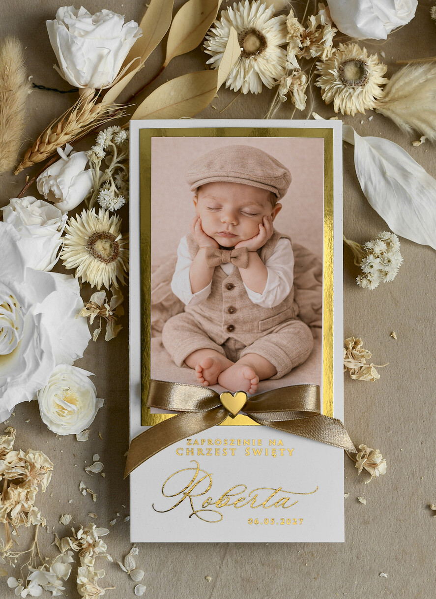 ZAPROSZENIA NA CHRZCINY dla chłopca Złocone zaproszenie na Chrzest, Złote Eleganckie zaproszenie na chrzciny ze zdjęciem dziecka 2