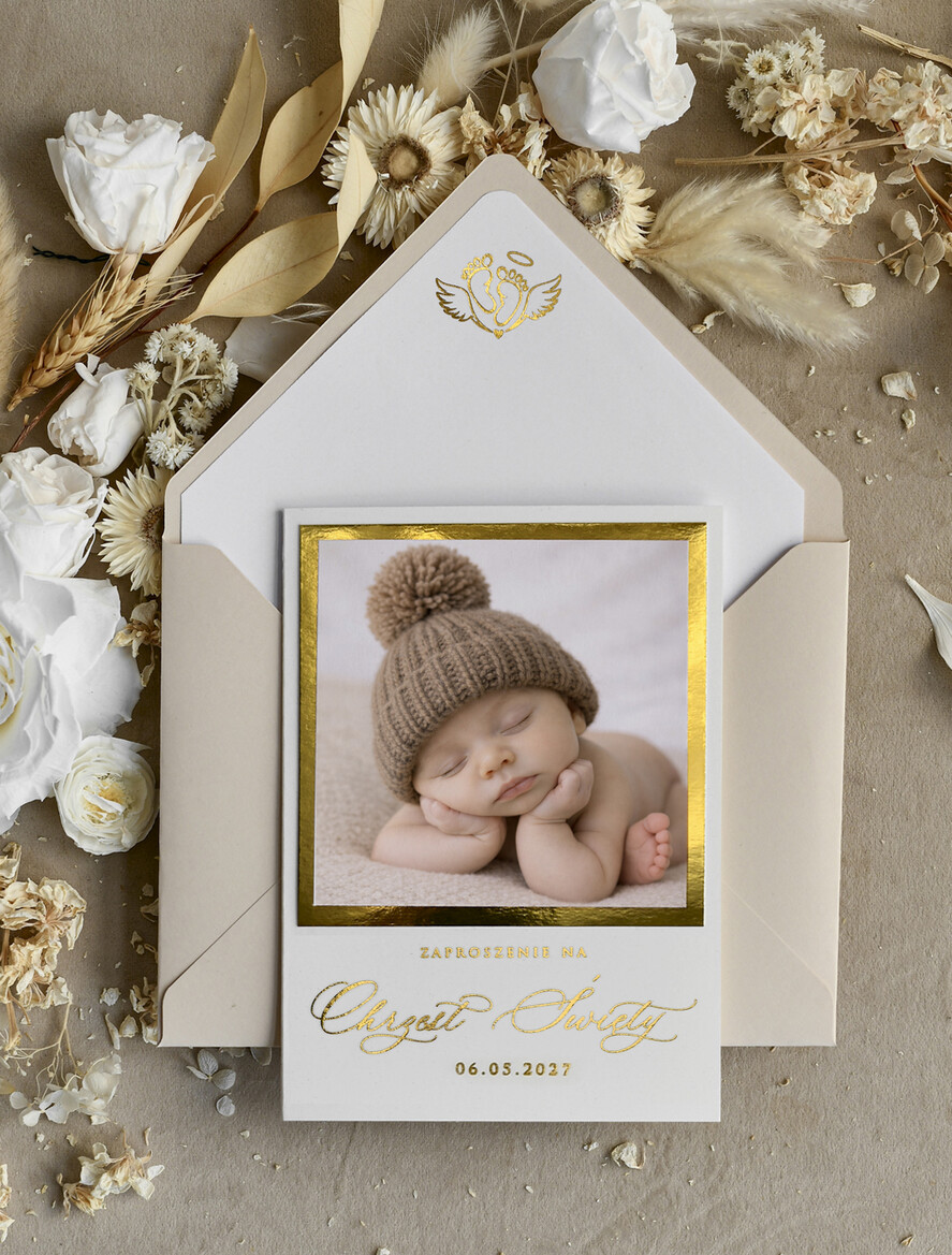 ZAPROSZENIA NA CHRZCINY dla chłopca zaproszenie na Chrzest Złote zaproszenie na chrzciny ze zdjęciem dziecka 0