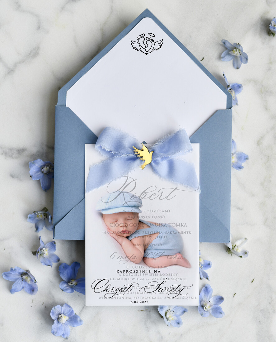 ZAPROSZENIA NA CHRZCINY dla chłopca klasyczne Zaproszenie na Chrzest z kalką, Eleganckie Zaproszenia na Chrzciny ze Zdjęciem 0