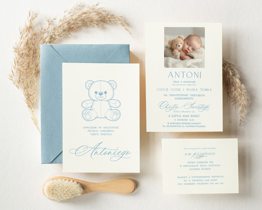 ZAPROSZENIA NA CHRZCINY dla chłopca piekne zaproszenie na Chrzest Niebieskie Klasyczne zaproszenie na chrzciny, zaproszenia na chrzciny ze zdjęciem 1