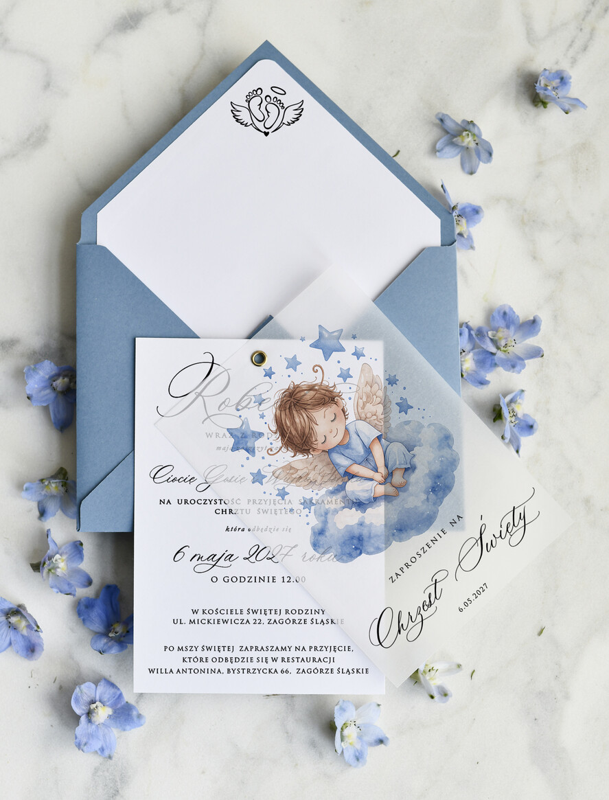 ZAPROSZENIA NA CHRZCINY dla chłopca klasyczne Zaproszenie na Chrzest z kalką, Eleganckie Zaproszenia na Chrzciny  presonalizowane1