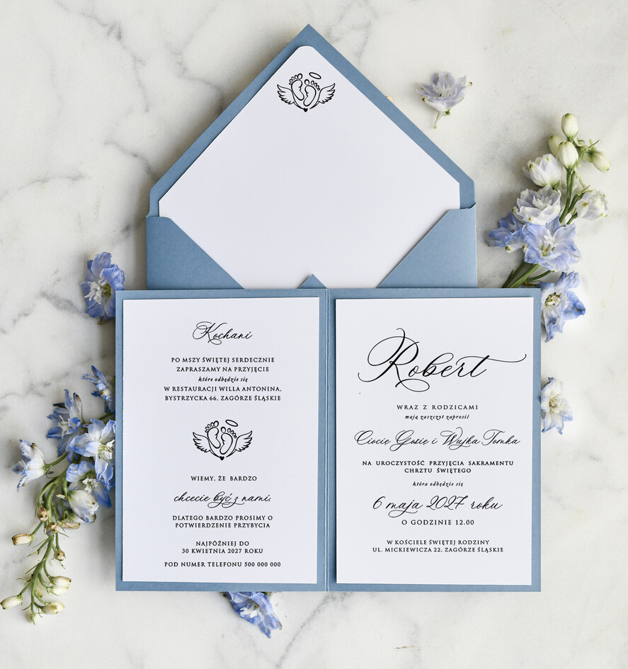 ZAPROSZENIA NA CHRZCINY dla chłopca zaproszenie na Chrzest Niebieskie Klasyczne zaproszenie na chrzciny ze zdjęciem dziecka 2