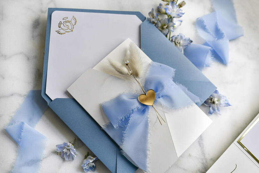 ZAPROSZENIA NA CHRZCINY dla chłopca zaproszenie na Chrzest Niebieskie Klasyczne zaproszenie na chrzciny ze zdjęciem dziecka 4