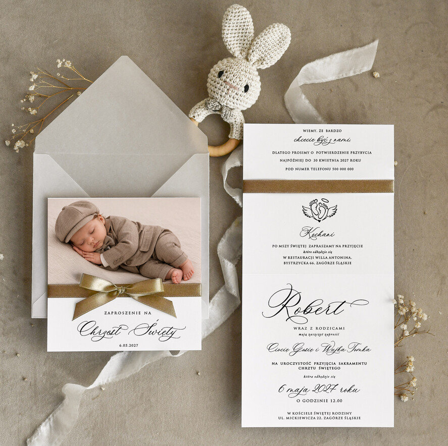ZAPROSZENIA NA CHRZCINY dla chłopca zaproszenie na Chrzest Złote zaproszenie na chrzciny ze zdjęciem dziecka 1