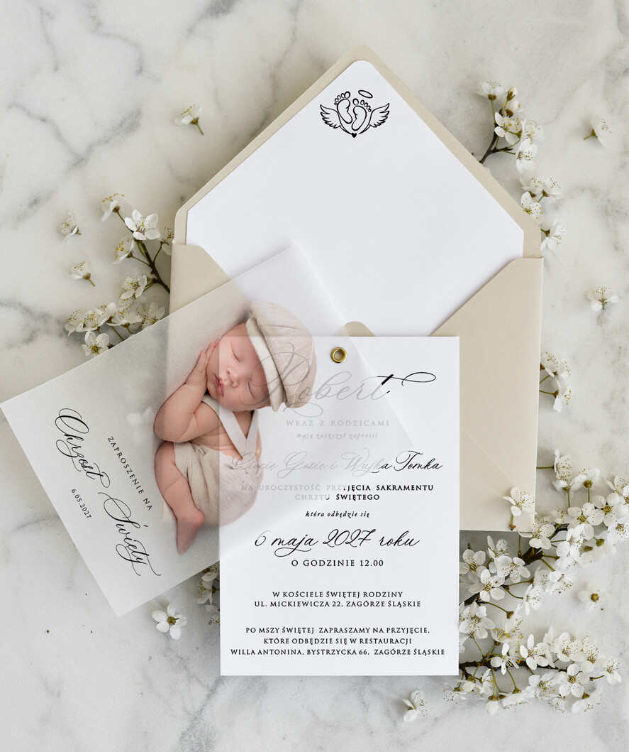 ZAPROSZENIA NA CHRZCINY dla chłopca klasyczne Zaproszenie na Chrzest z kalką, Eleganckie Zaproszenia na Chrzciny  presonalizowane1