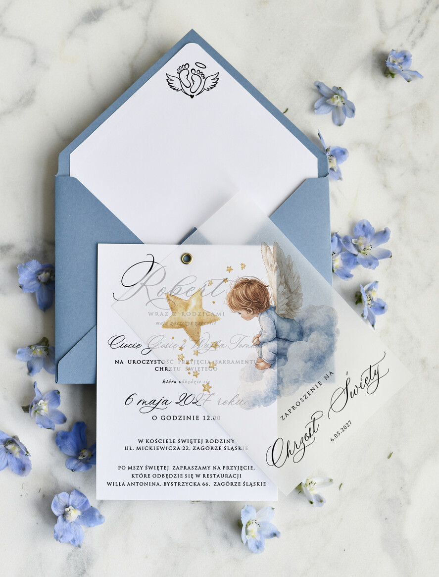 ZAPROSZENIA NA CHRZCINY dla chłopca klasyczne Zaproszenie na Chrzest z kalką, Eleganckie Zaproszenia na Chrzciny  presonalizowane1