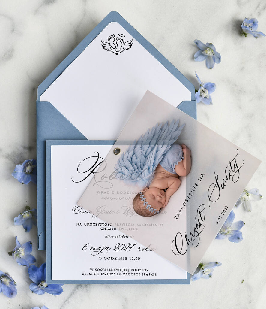 ZAPROSZENIA NA CHRZCINY dla chłopca klasyczne Zaproszenie na Chrzest z kalką, Eleganckie Zaproszenia na Chrzciny ze Zdjęciem 2