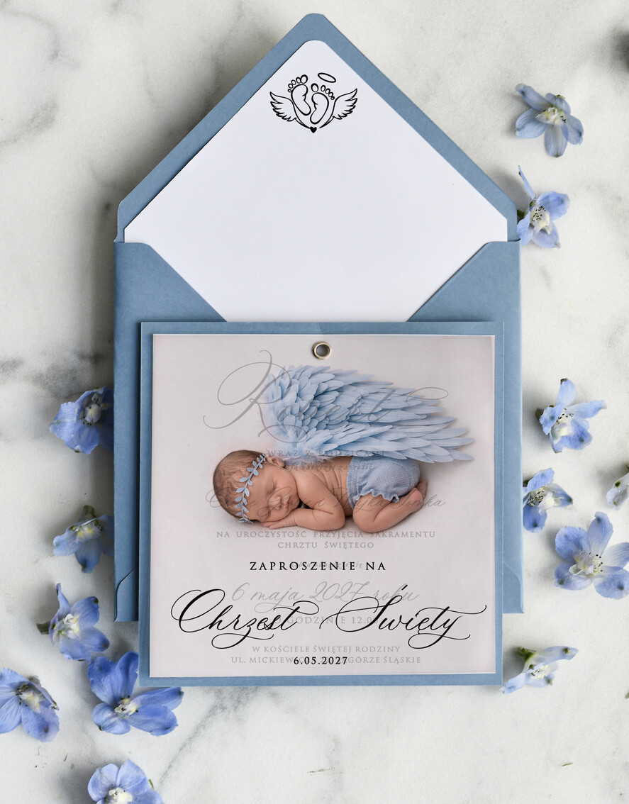 ZAPROSZENIA NA CHRZCINY dla chłopca klasyczne Zaproszenie na Chrzest z kalką, Eleganckie Zaproszenia na Chrzciny ze Zdjęciem 0
