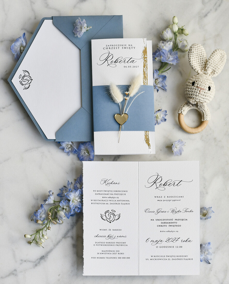 ZAPROSZENIA NA CHRZCINY dla chłopca zaproszenie na Chrzest Niebieskie Klasyczne zaproszenie na chrzciny rwane zaproszenia na chrest złocone1