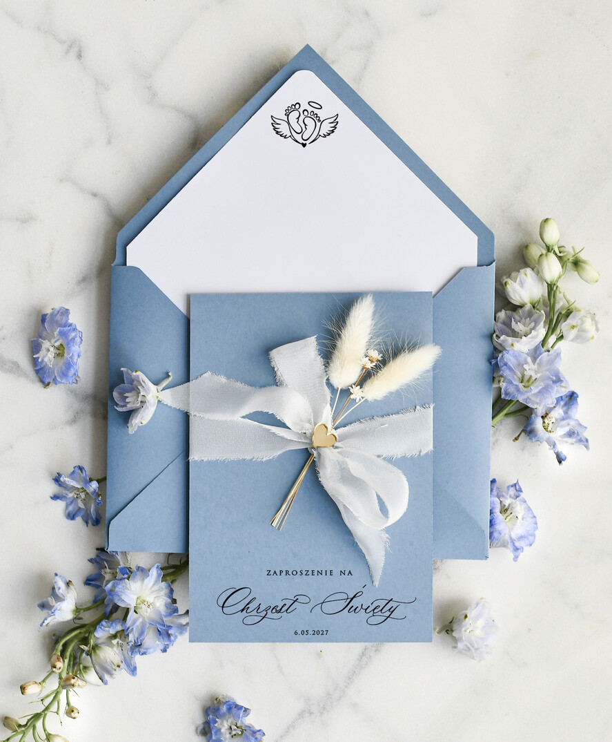 ZAPROSZENIA NA CHRZCINY dla chłopca zaproszenie na Chrzest Niebieskie Klasyczne zaproszenie na chrzciny ze zdjęciem dziecka 2