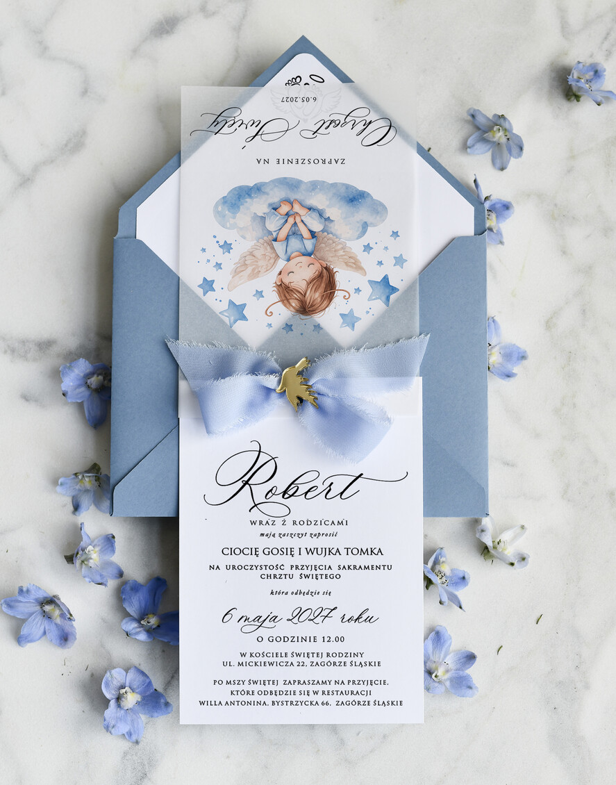 ZAPROSZENIA NA CHRZCINY dla chłopca klasyczne Zaproszenie na Chrzest z kalką, Eleganckie Zaproszenia na Chrzciny ze Zdjęciem 2