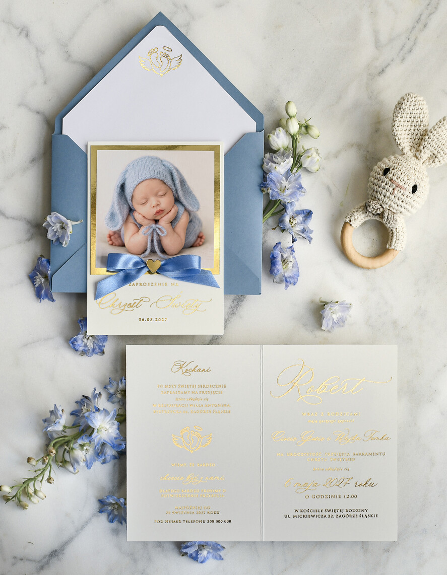 ZAPROSZENIA NA CHRZCINY dla chłopca zaproszenie na Chrzest Złote Eleganckie zaproszenie na chrzciny ze zdjęciem dziecka 1