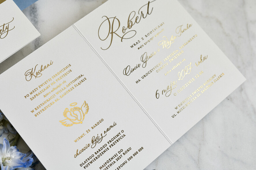 ZAPROSZENIA NA CHRZCINY dla chłopca zaproszenie na Chrzest Złote Eleganckie zaproszenie na chrzciny ze zdjęciem dziecka 2