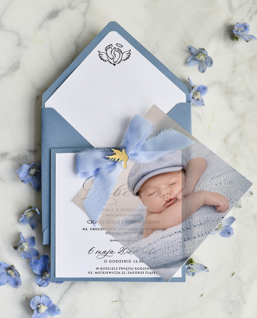 ZAPROSZENIA NA CHRZCINY dla chłopca boho deilkatne Zaproszenie na Chrzest z kalką, Eleganckie Zaproszenia na Chrzciny ze Zdjęciem 1