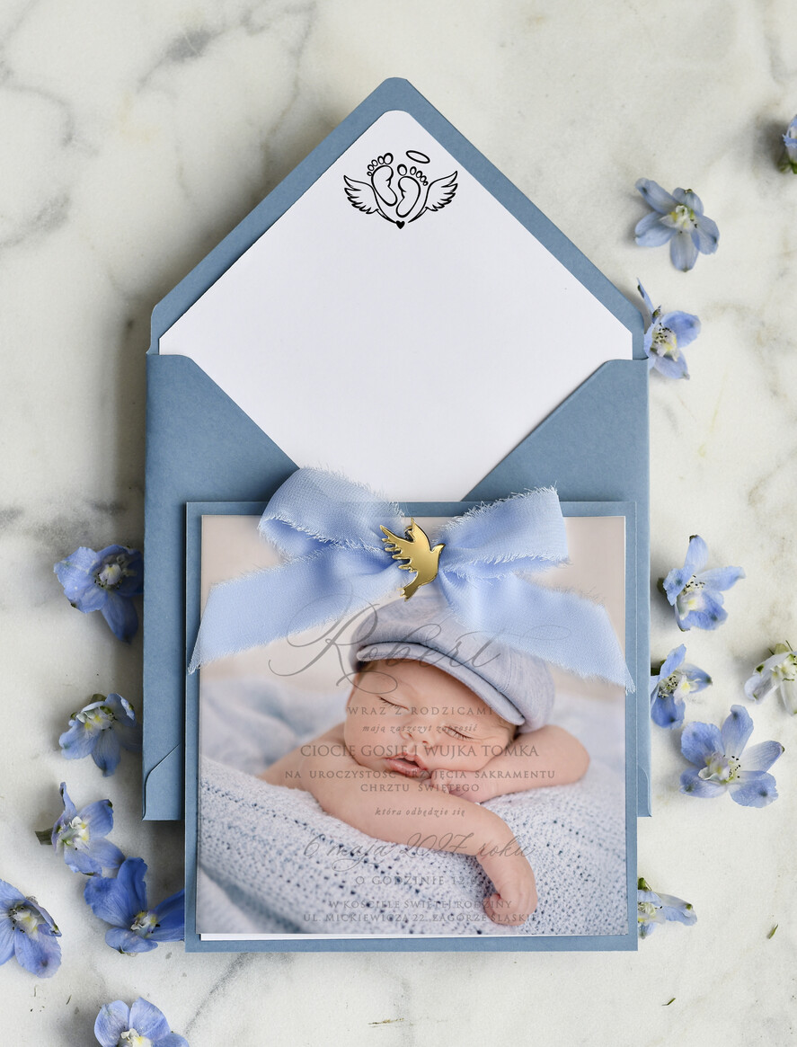 ZAPROSZENIA NA CHRZCINY dla chłopca boho deilkatne Zaproszenie na Chrzest z kalką, Eleganckie Zaproszenia na Chrzciny ze Zdjęciem 0